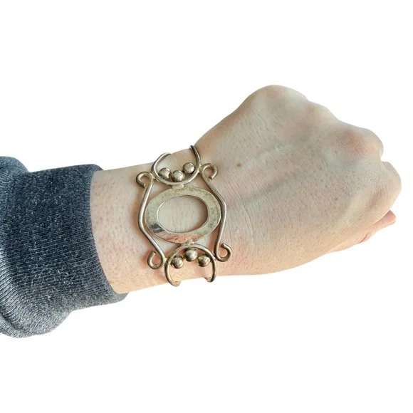 Vintage 90s Mexico Stamped Silver Tone Cuff Bracelets Set Star Oval Ball Design - Picture 4 of 8